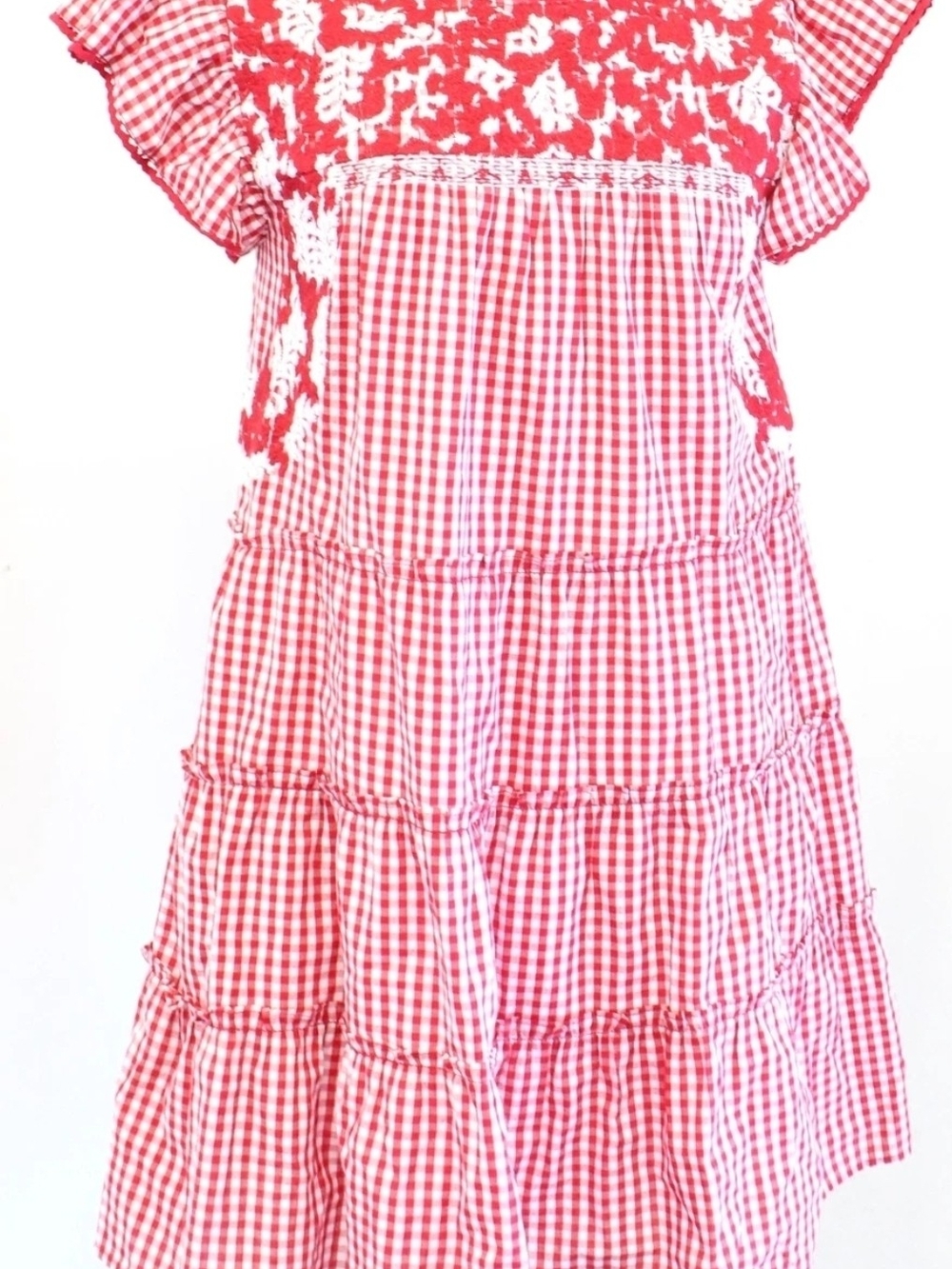 Red Gingham Tiered Mini Dress with Lace Trim SIZE S